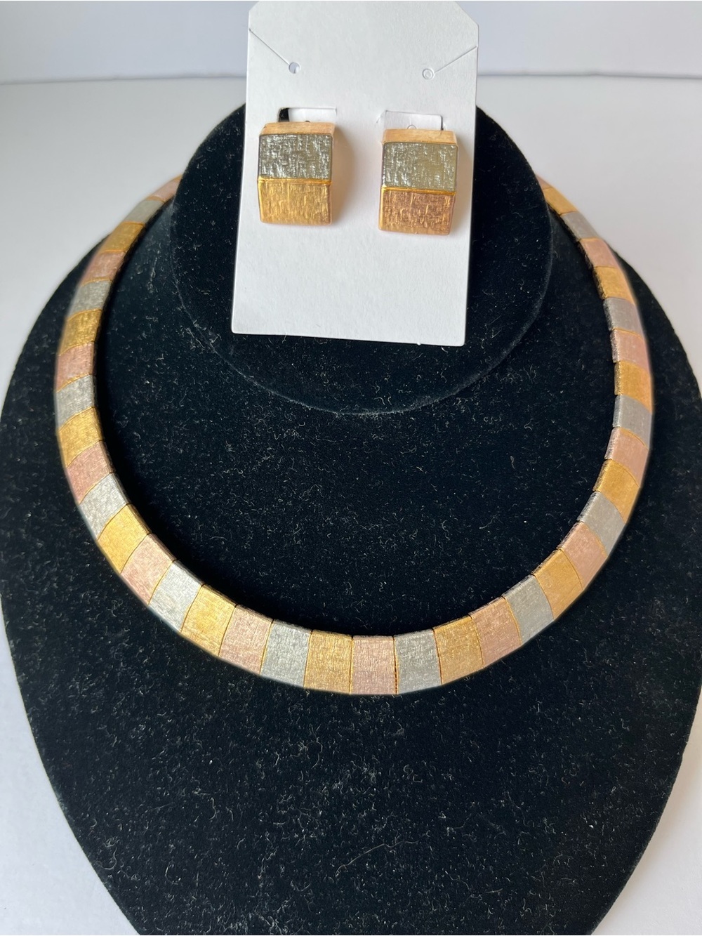 Vintage Gold Silver Tone Statement Necklace & Clip On Earrings Set